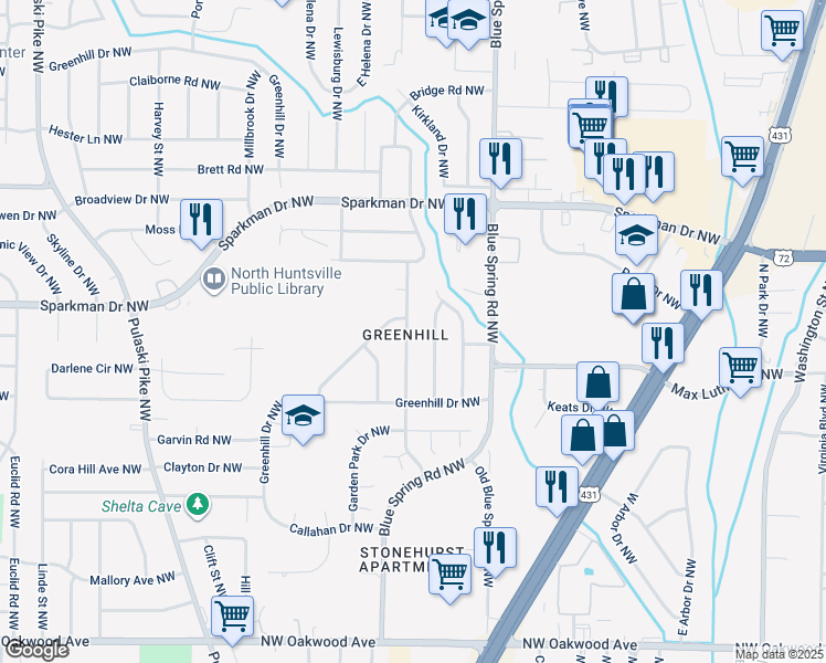 map of restaurants, bars, coffee shops, grocery stores, and more near in Huntsville