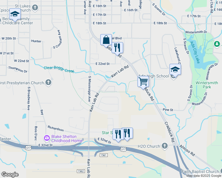 map of restaurants, bars, coffee shops, grocery stores, and more near 1300 Kerr Lab Road in Ada