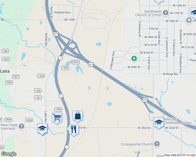 map of restaurants, bars, coffee shops, grocery stores, and more near 1317 Bernard Street in Ada