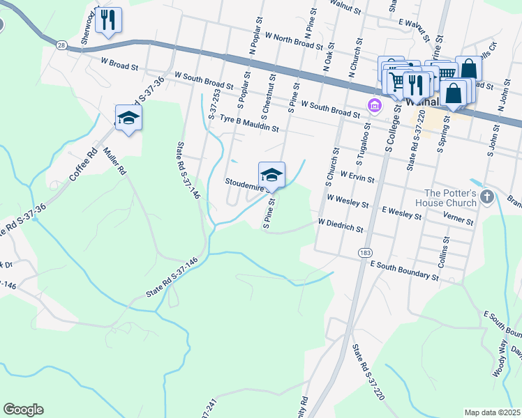 map of restaurants, bars, coffee shops, grocery stores, and more near 224 Josh Circle in Walhalla