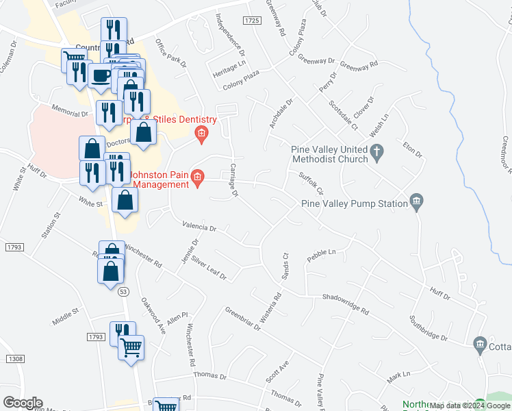 map of restaurants, bars, coffee shops, grocery stores, and more near 110 Carriage Drive in Jacksonville