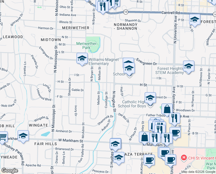 map of restaurants, bars, coffee shops, grocery stores, and more near 807 North Coolidge Street in Little Rock