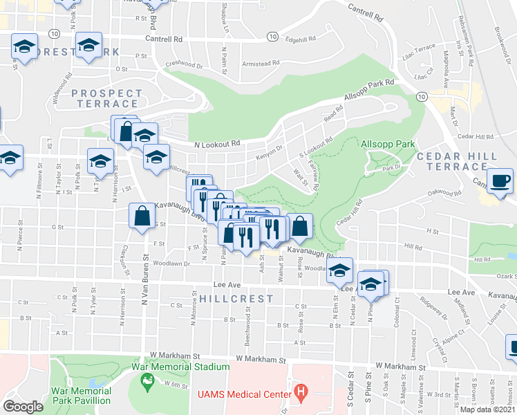 map of restaurants, bars, coffee shops, grocery stores, and more near 816 Ash Street in Little Rock
