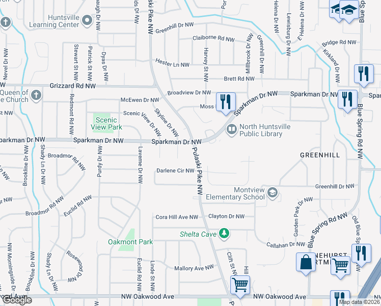 map of restaurants, bars, coffee shops, grocery stores, and more near 2821 Pulaski Pike Northwest in Huntsville