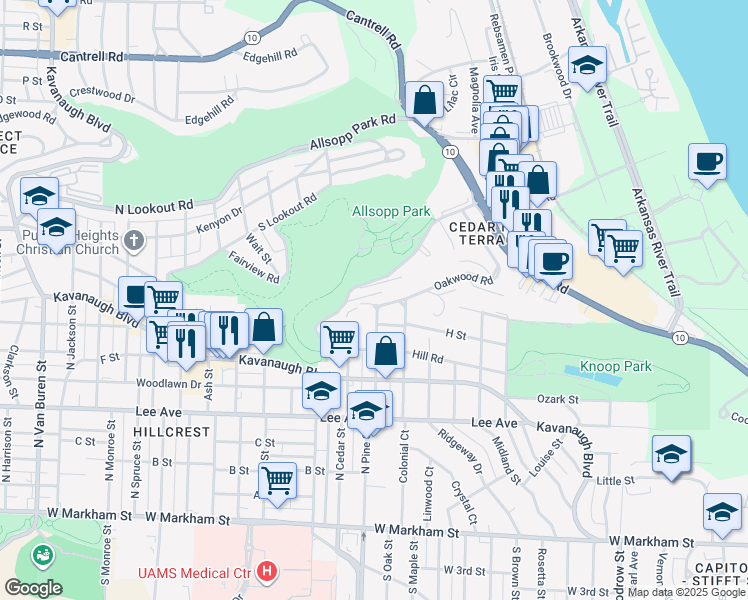 map of restaurants, bars, coffee shops, grocery stores, and more near 3900 Oakwood Road in Little Rock