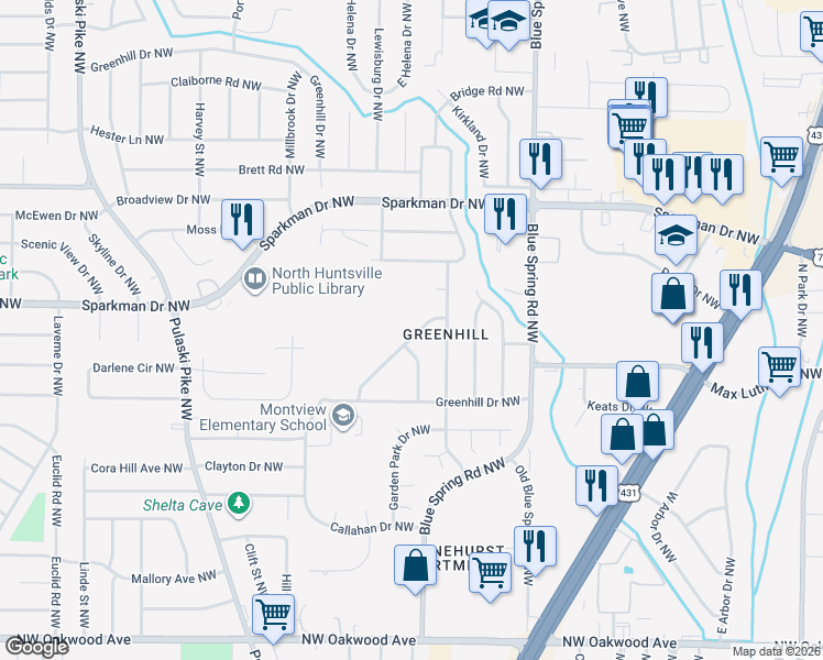 map of restaurants, bars, coffee shops, grocery stores, and more near 2708 Monticello Drive Northwest in Huntsville