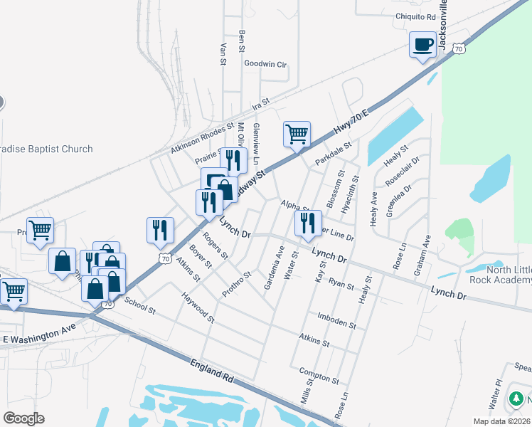 map of restaurants, bars, coffee shops, grocery stores, and more near 615 Pollock Street in North Little Rock