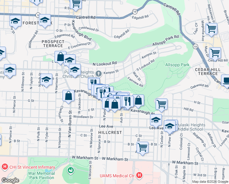 map of restaurants, bars, coffee shops, grocery stores, and more near 816 Ash Street in Little Rock