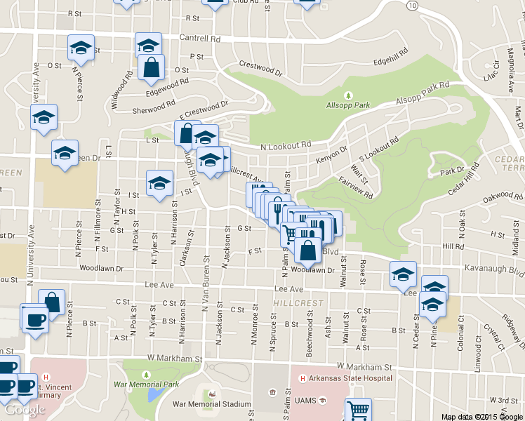 map of restaurants, bars, coffee shops, grocery stores, and more near 822 North Spruce Street in Little Rock