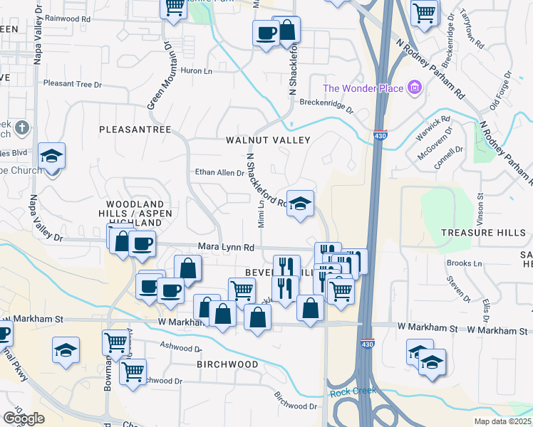 map of restaurants, bars, coffee shops, grocery stores, and more near 720 North Shackleford Road in Little Rock