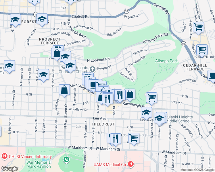 map of restaurants, bars, coffee shops, grocery stores, and more near 816 Ash Street in Little Rock