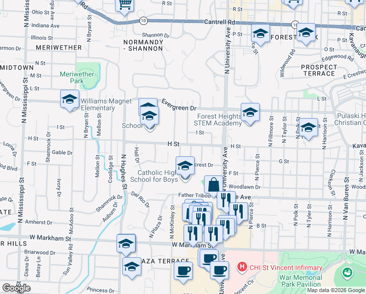map of restaurants, bars, coffee shops, grocery stores, and more near 823 Ridgecrest Drive in Little Rock