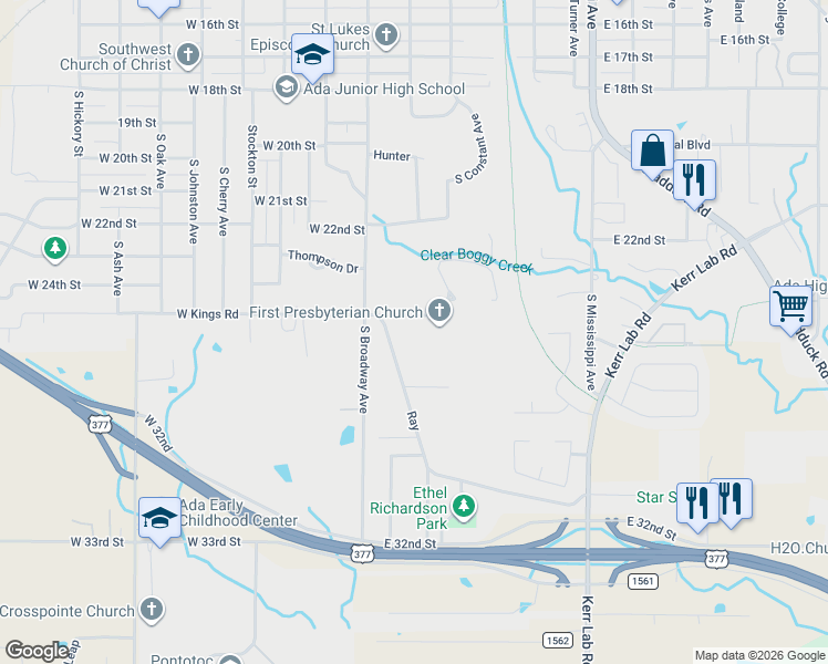 map of restaurants, bars, coffee shops, grocery stores, and more near 301 East Kings Road in Ada