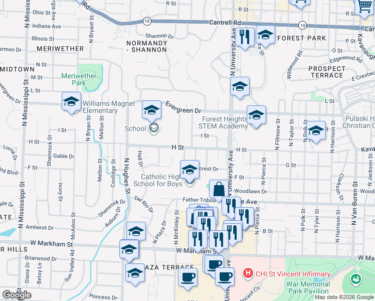 map of restaurants, bars, coffee shops, grocery stores, and more near 823 Ridgecrest Drive in Little Rock