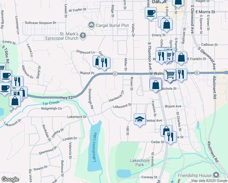map of restaurants, bars, coffee shops, grocery stores, and more near 803 Lumpkin Street in Dalton