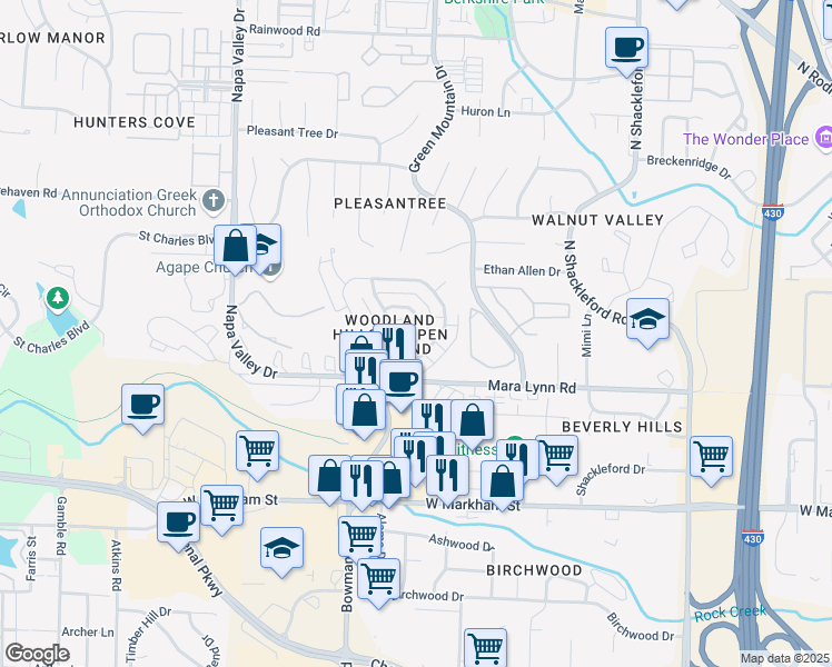 map of restaurants, bars, coffee shops, grocery stores, and more near 38 Forest Circle in Little Rock