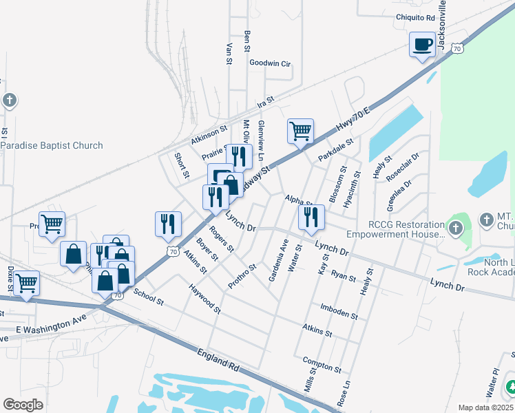 map of restaurants, bars, coffee shops, grocery stores, and more near 614 Middle Street in North Little Rock