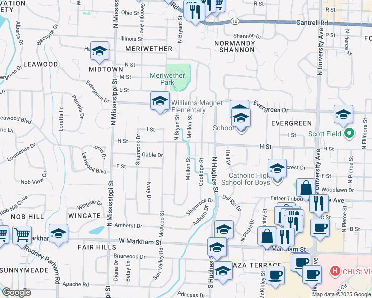 map of restaurants, bars, coffee shops, grocery stores, and more near 810 Mellon St in Little Rock