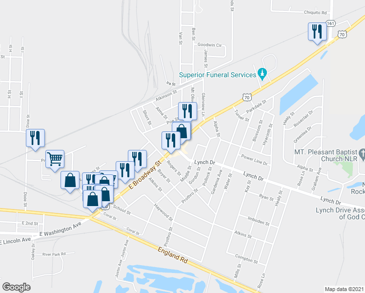 map of restaurants, bars, coffee shops, grocery stores, and more near 4506 Lynch Drive in North Little Rock