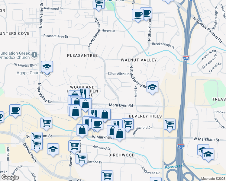 map of restaurants, bars, coffee shops, grocery stores, and more near 698 Green Mountain Drive in Little Rock
