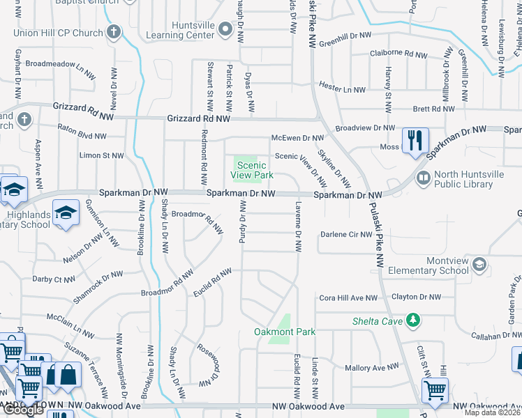 map of restaurants, bars, coffee shops, grocery stores, and more near 3319 Charleston Avenue Northwest in Huntsville