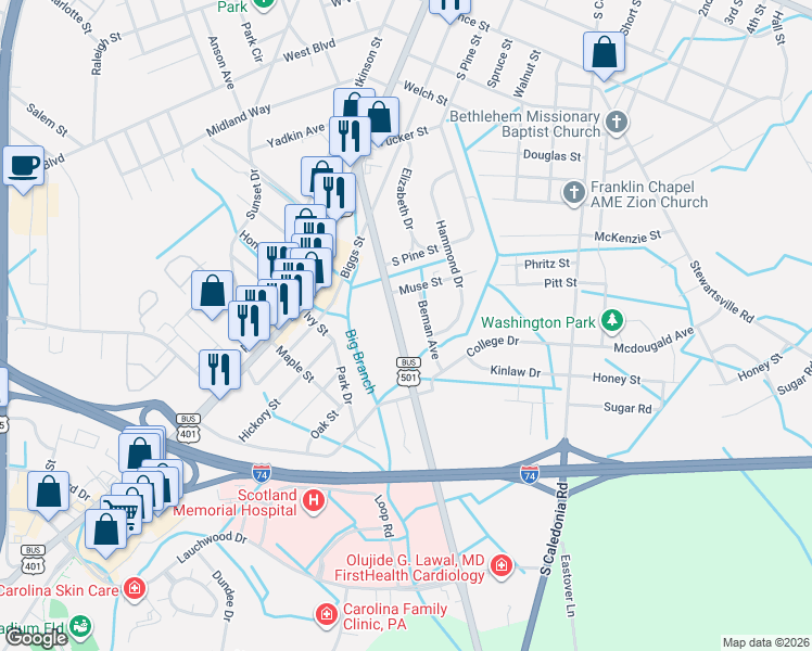 map of restaurants, bars, coffee shops, grocery stores, and more near 419 Beman Avenue in Laurinburg