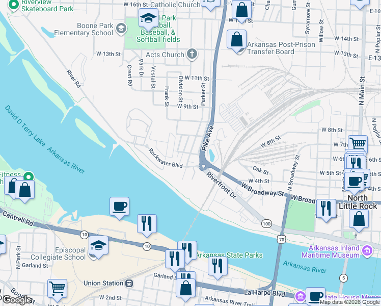 map of restaurants, bars, coffee shops, grocery stores, and more near 1114 West 4th Street in North Little Rock