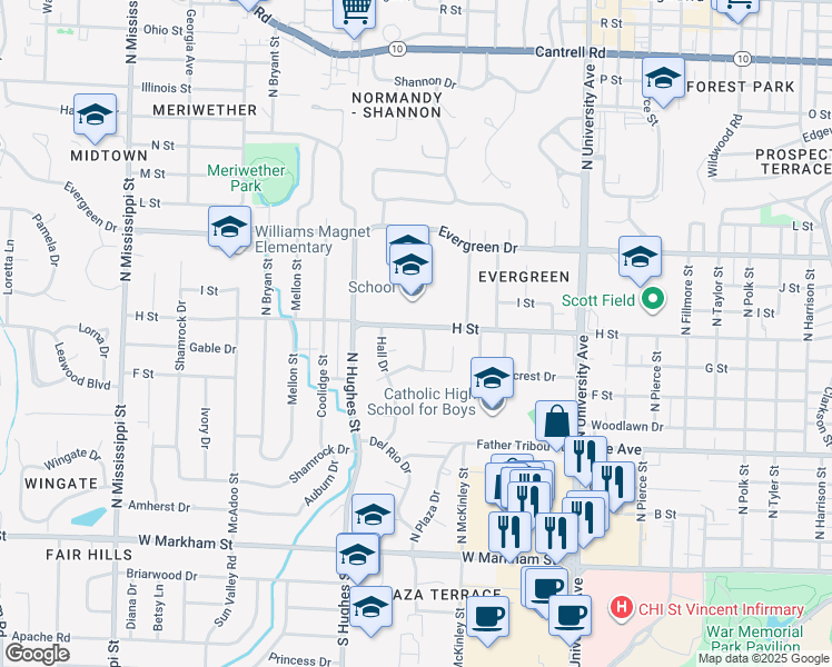 map of restaurants, bars, coffee shops, grocery stores, and more near 808 Carywood Lane in Little Rock