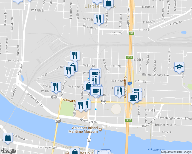 map of restaurants, bars, coffee shops, grocery stores, and more near 611 North Main Street in North Little Rock