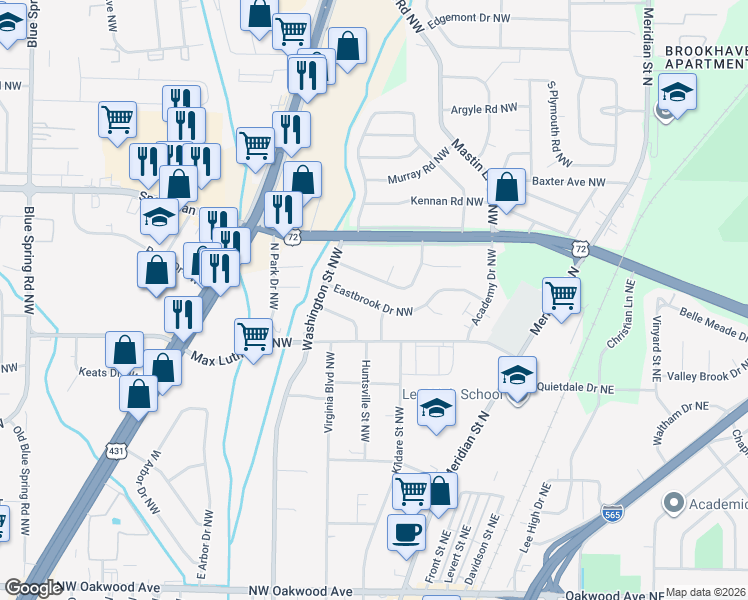 map of restaurants, bars, coffee shops, grocery stores, and more near 608 Eastbrook Drive Northwest in Huntsville