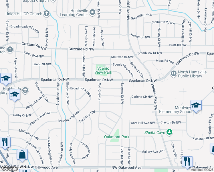 map of restaurants, bars, coffee shops, grocery stores, and more near 3319 Charleston Avenue Northwest in Huntsville