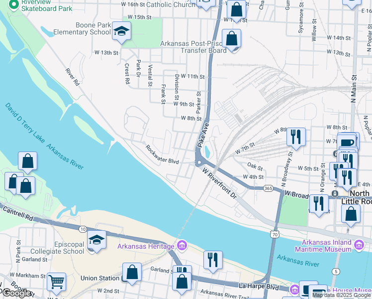 map of restaurants, bars, coffee shops, grocery stores, and more near 1114 West 4th Street in North Little Rock