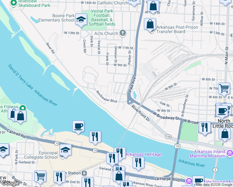 map of restaurants, bars, coffee shops, grocery stores, and more near 1302 West 4th Street in North Little Rock