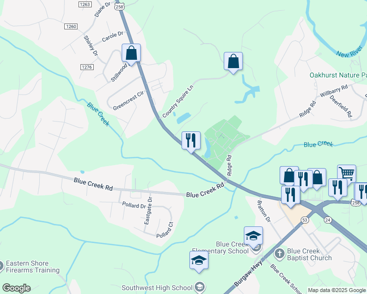 map of restaurants, bars, coffee shops, grocery stores, and more near 3335 Richlands Highway in Jacksonville