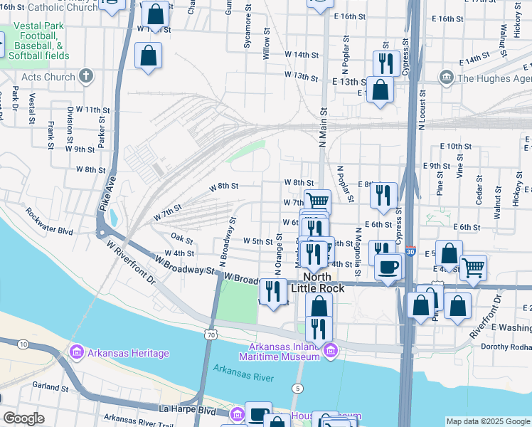 map of restaurants, bars, coffee shops, grocery stores, and more near 610 Willow St in North Little Rock