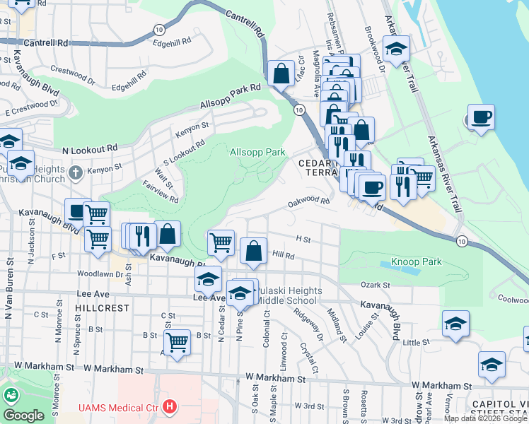 map of restaurants, bars, coffee shops, grocery stores, and more near 3800 Oakwood Road in Little Rock