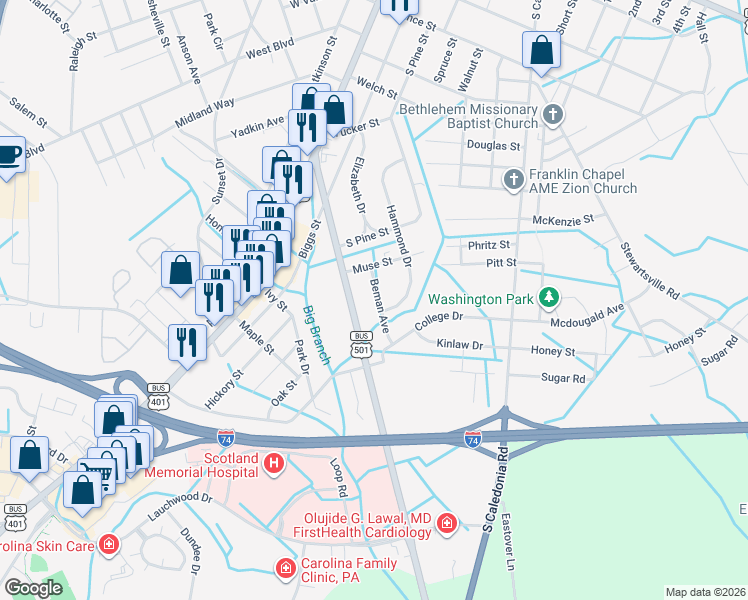 map of restaurants, bars, coffee shops, grocery stores, and more near 419 Beman Avenue in Laurinburg