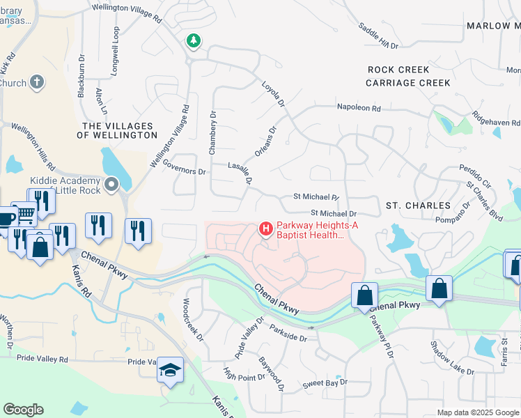 map of restaurants, bars, coffee shops, grocery stores, and more near 7 Bernay Drive in Little Rock