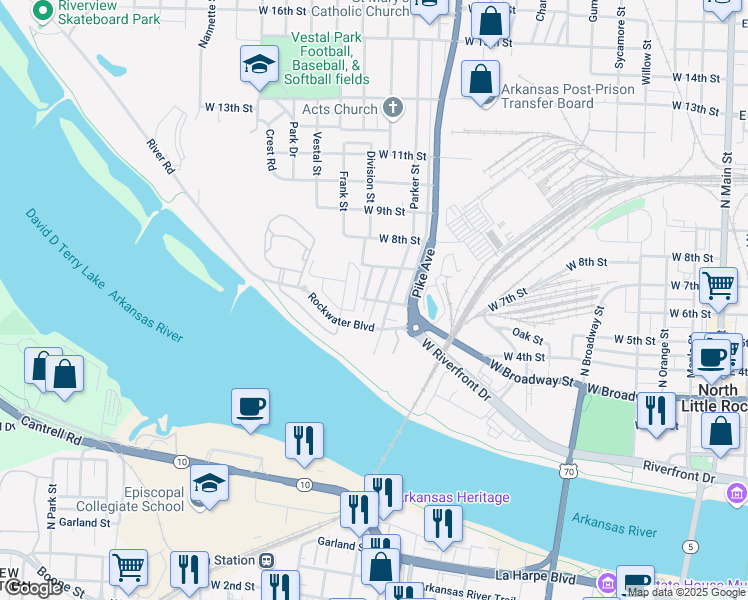 map of restaurants, bars, coffee shops, grocery stores, and more near 1302 West 4th Street in North Little Rock