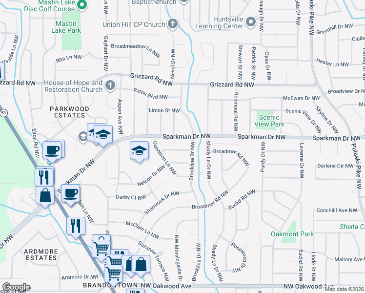 map of restaurants, bars, coffee shops, grocery stores, and more near 3904 Richland Drive Northwest in Huntsville