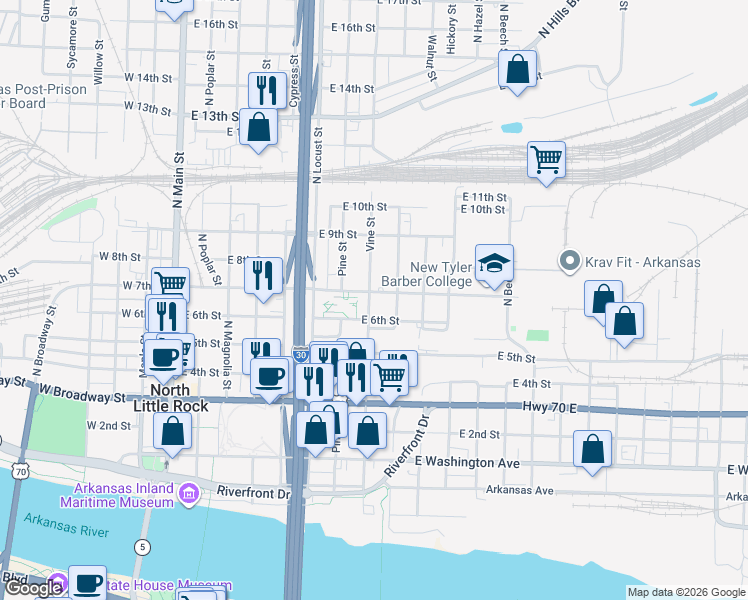 map of restaurants, bars, coffee shops, grocery stores, and more near 624 Vine Street in North Little Rock