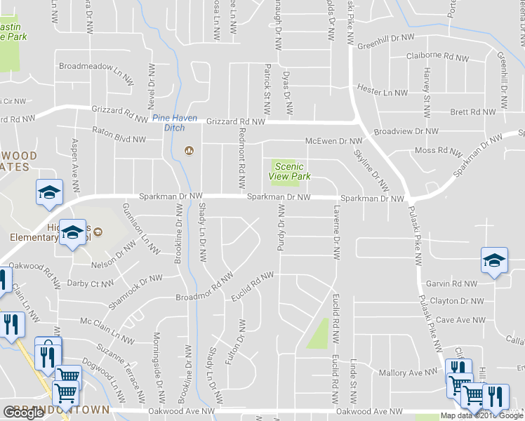 map of restaurants, bars, coffee shops, grocery stores, and more near 2213 Glen Iris Circle Northwest in Huntsville
