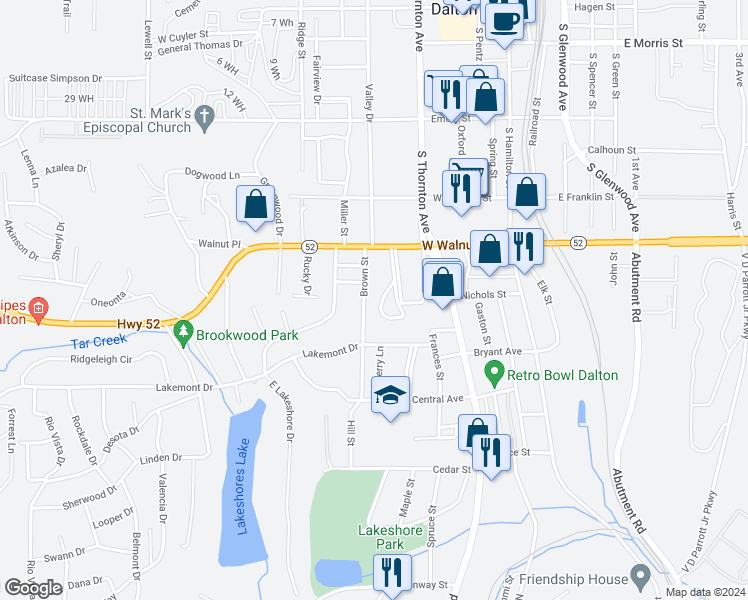 map of restaurants, bars, coffee shops, grocery stores, and more near 908 Sunset Circle in Dalton