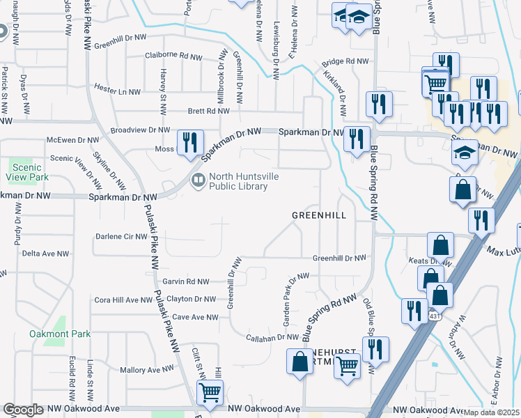 map of restaurants, bars, coffee shops, grocery stores, and more near 2555 Carlsbad Drive Northwest in Huntsville