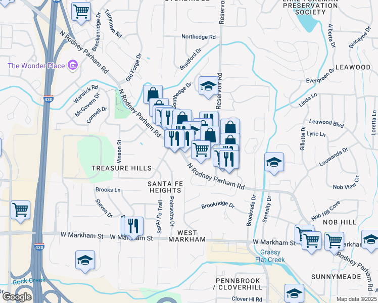 map of restaurants, bars, coffee shops, grocery stores, and more near 9300 North Rodney Parham Road in Little Rock