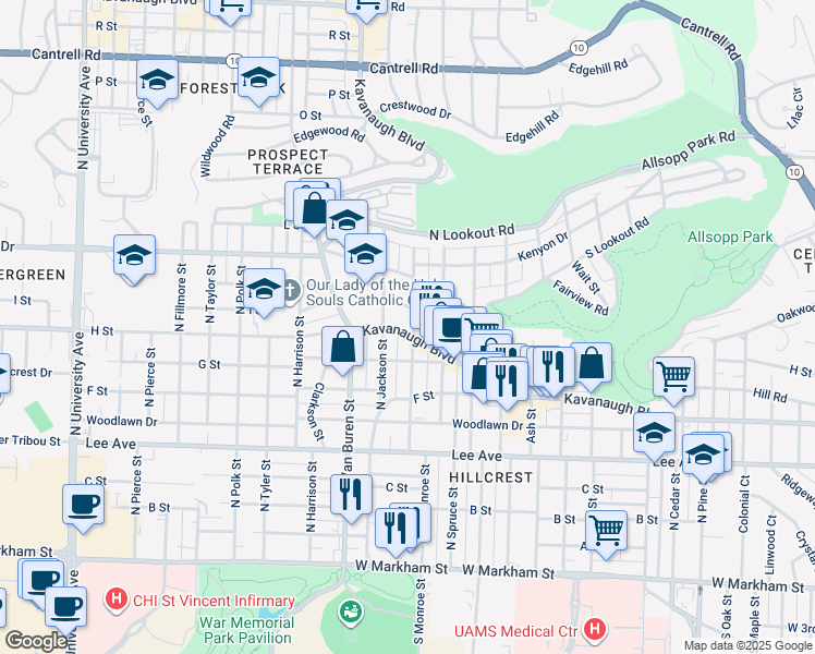 map of restaurants, bars, coffee shops, grocery stores, and more near 3124A Kavanaugh Boulevard in Little Rock