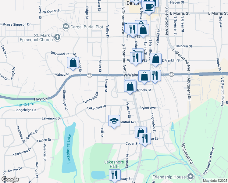 map of restaurants, bars, coffee shops, grocery stores, and more near 908 Sunset Circle in Dalton