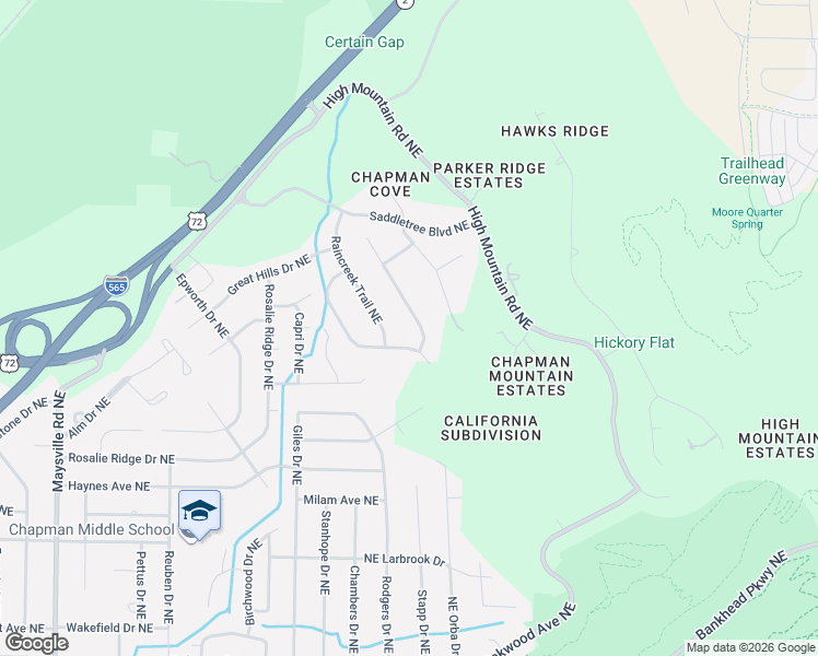 map of restaurants, bars, coffee shops, grocery stores, and more near 2103 Greenslope Trail Northeast in Huntsville