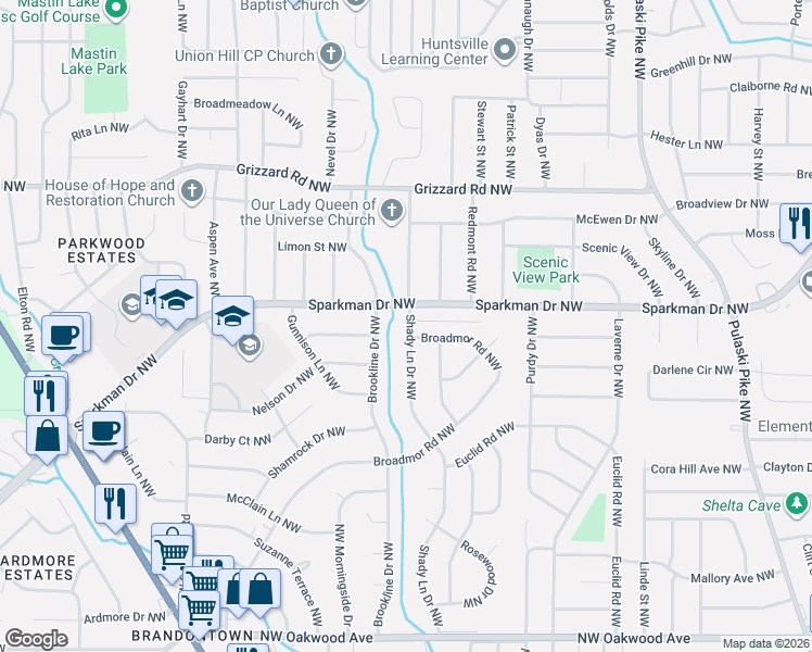 map of restaurants, bars, coffee shops, grocery stores, and more near 2534 Brookline Drive Northwest in Huntsville