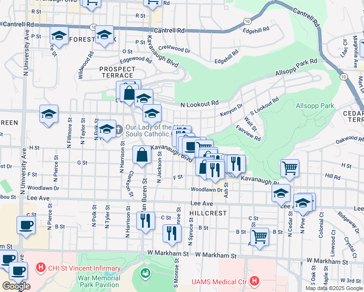 map of restaurants, bars, coffee shops, grocery stores, and more near 822 North Spruce Street in Little Rock